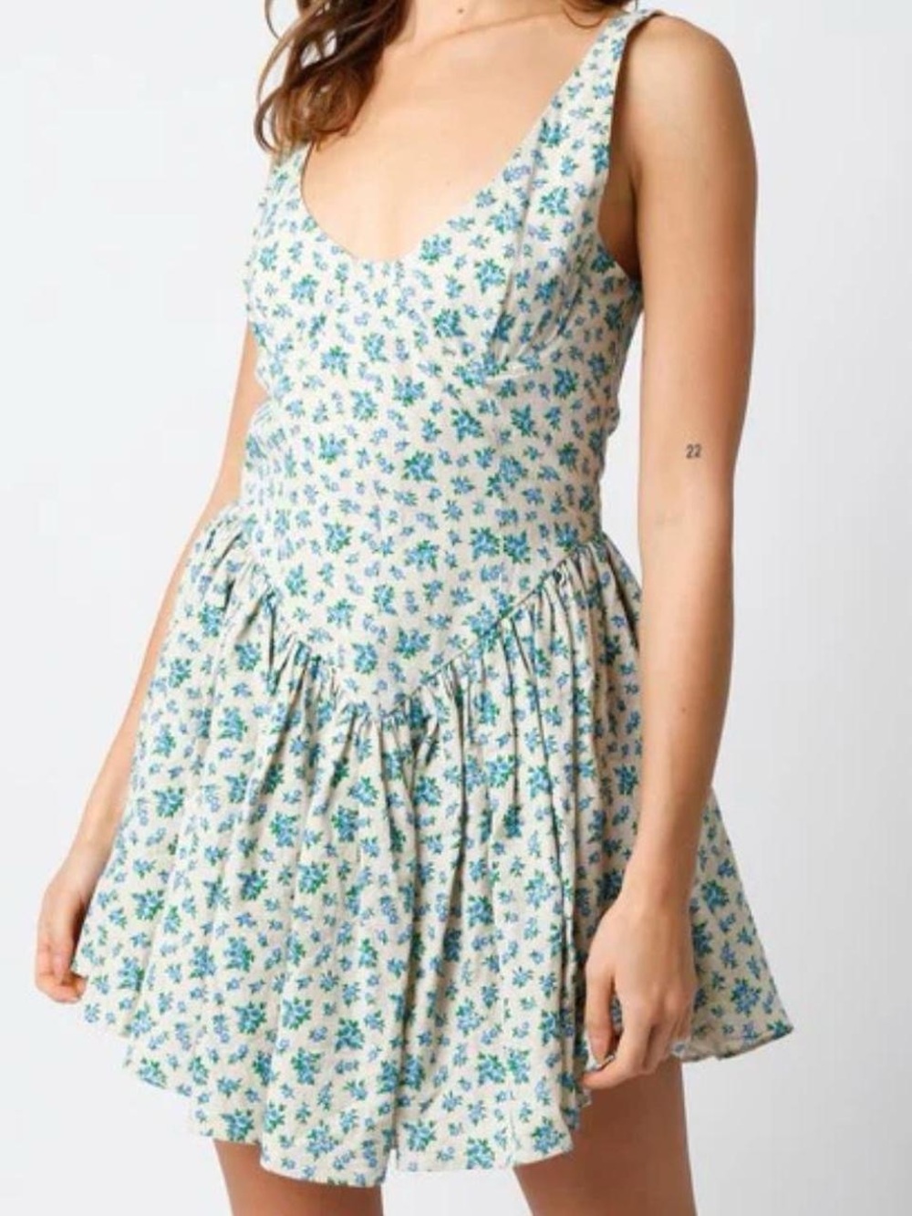 Olivaceous Cream Mini Dress with Blue Floral Print